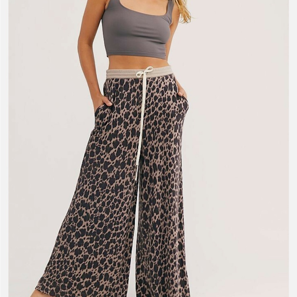 Free People Leopard Print Wide Leg Pants - Black and Tan